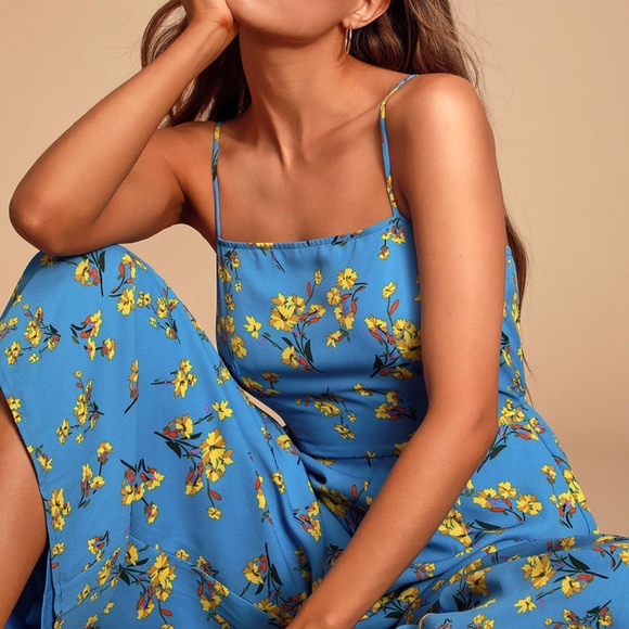 Lulus Bryony Blue Yellow Floral Print Wide-Leg Flare & Flare Jumpsuit - Picture 1 of 7